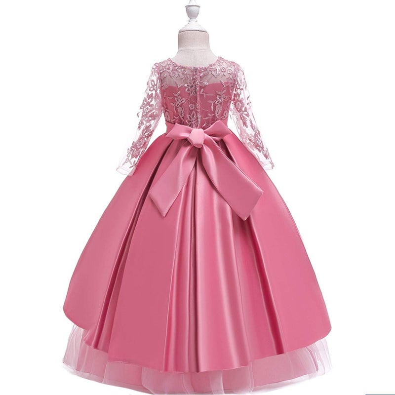 HIHCBF Flower Girl's Embroidery Tulle Lace Maxi Wedding Dress Long Sleeve Princess Birthday Pageant Party Dance Evening Gown Dusty Rose 13-14T - Image 3